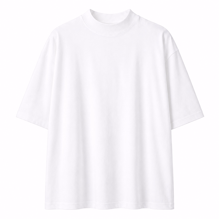秋ジャケットの専用インナー　ドロップショルダー5分袖コットンモックネックTシャツ　体型を選ばず、ゆったりシルエット