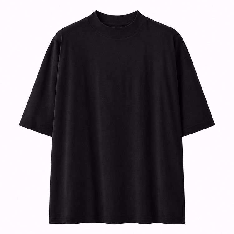 秋ジャケットの専用インナー　ドロップショルダー5分袖コットンモックネックTシャツ　体型を選ばず、ゆったりシルエット