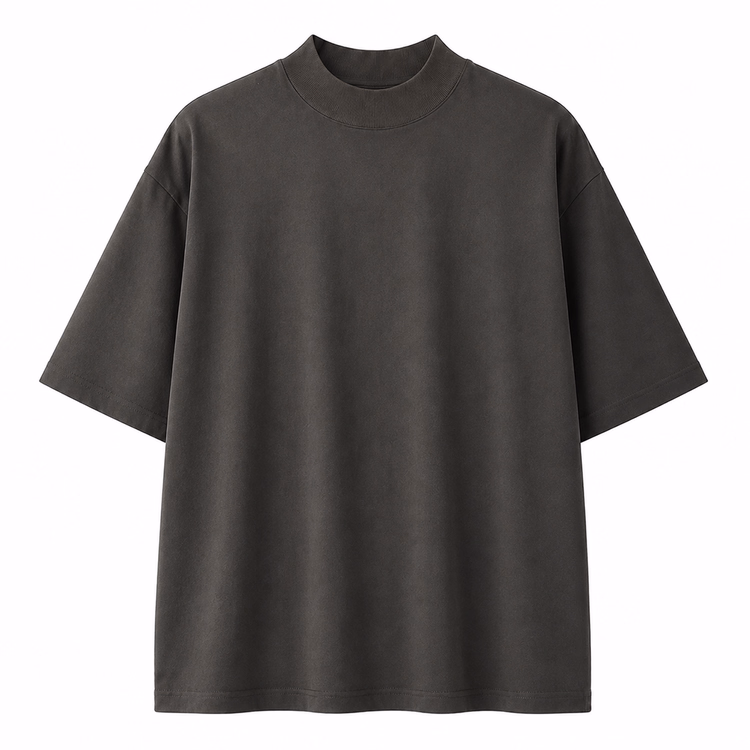 秋ジャケットの専用インナー　ドロップショルダー5分袖コットンモックネックTシャツ　体型を選ばず、ゆったりシルエット