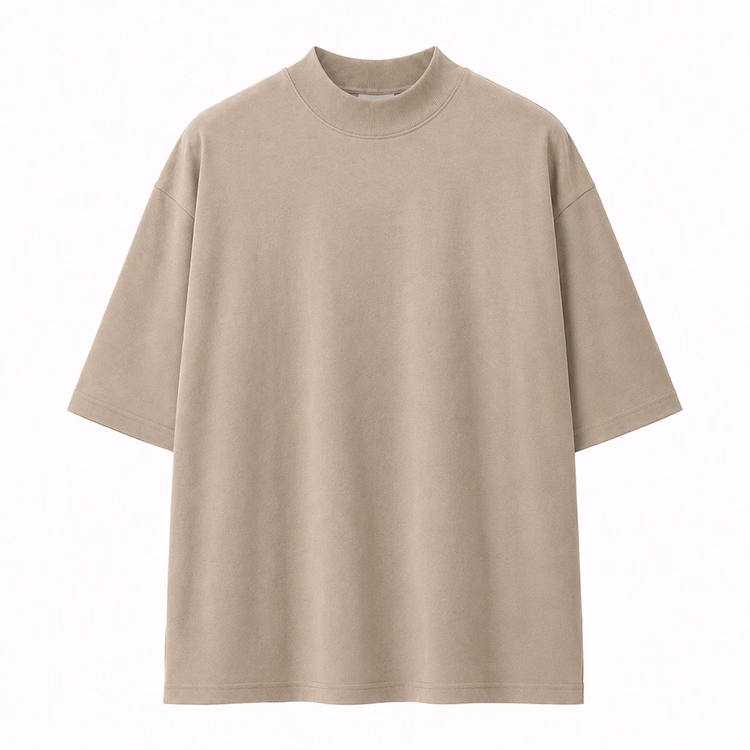 秋ジャケットの専用インナー　ドロップショルダー5分袖コットンモックネックTシャツ　体型を選ばず、ゆったりシルエット