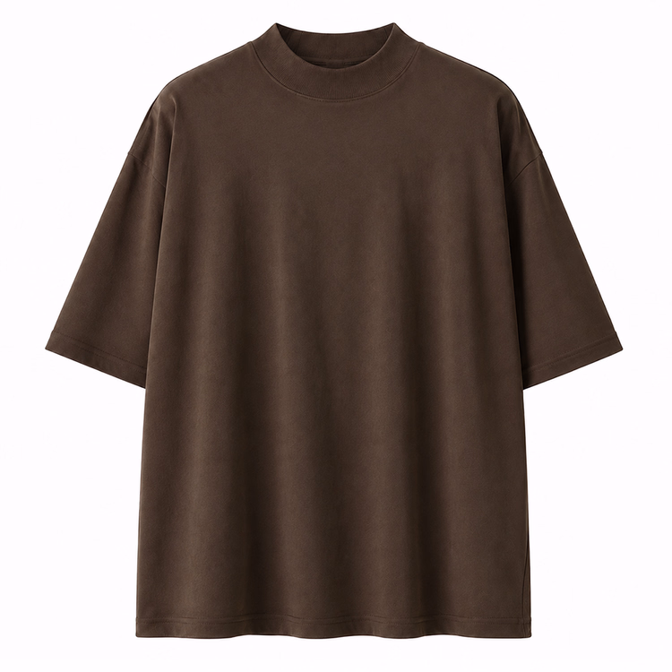 秋ジャケットの専用インナー　ドロップショルダー5分袖コットンモックネックTシャツ　体型を選ばず、ゆったりシルエット