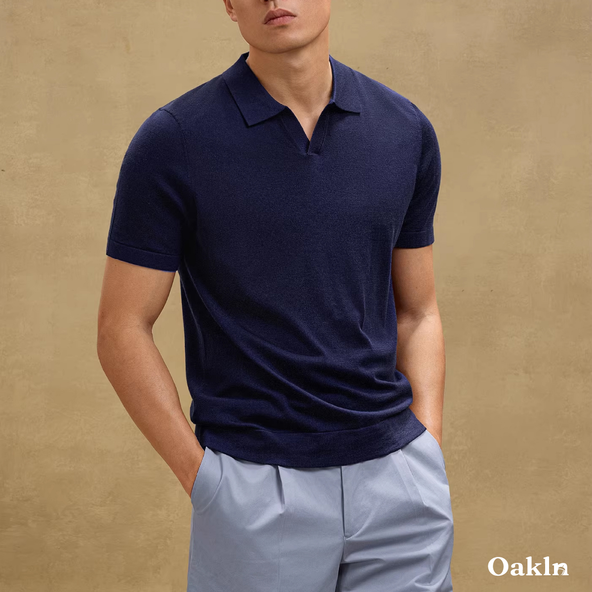 裾リブニットポロシャツ ハリのある襟元 すっきり見えシルエット