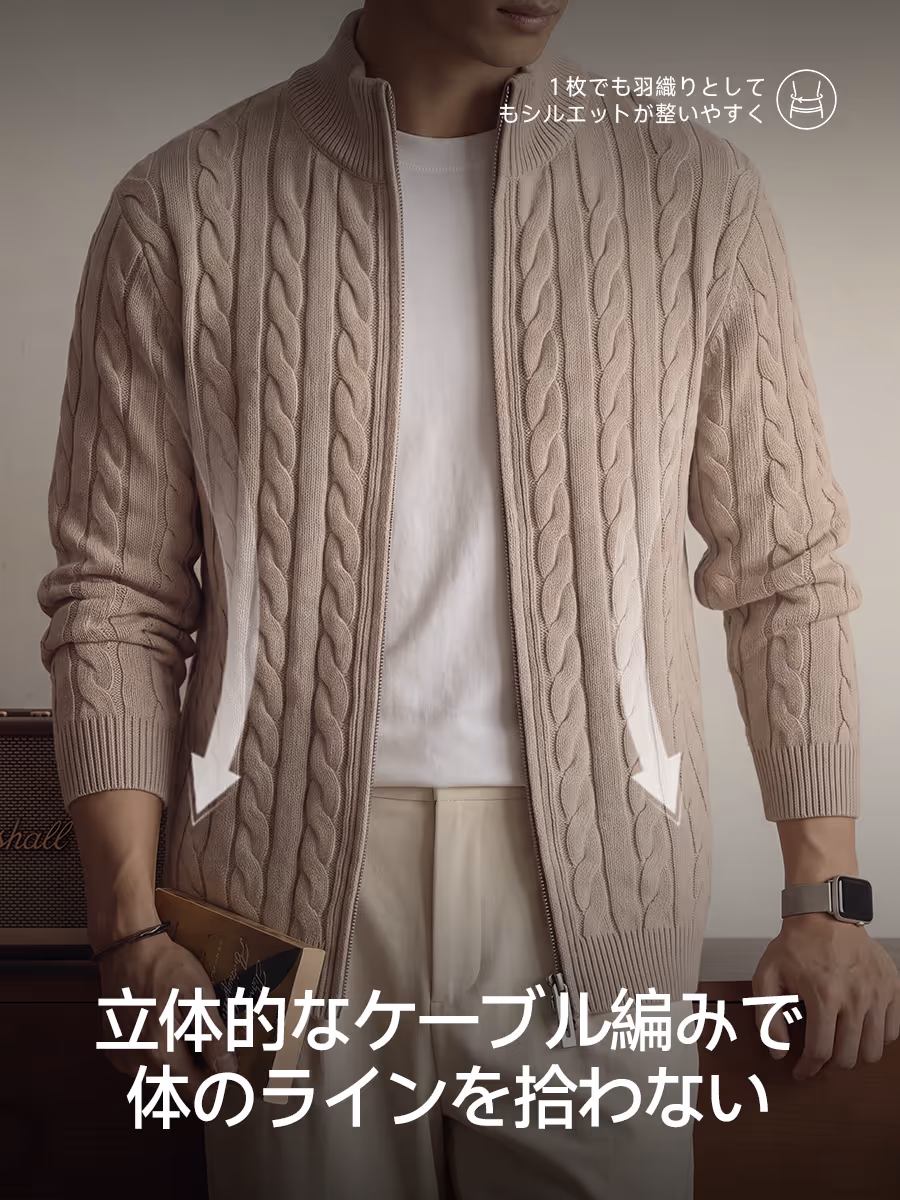 立体的なケーブル編みで、体のラインを拾わない。