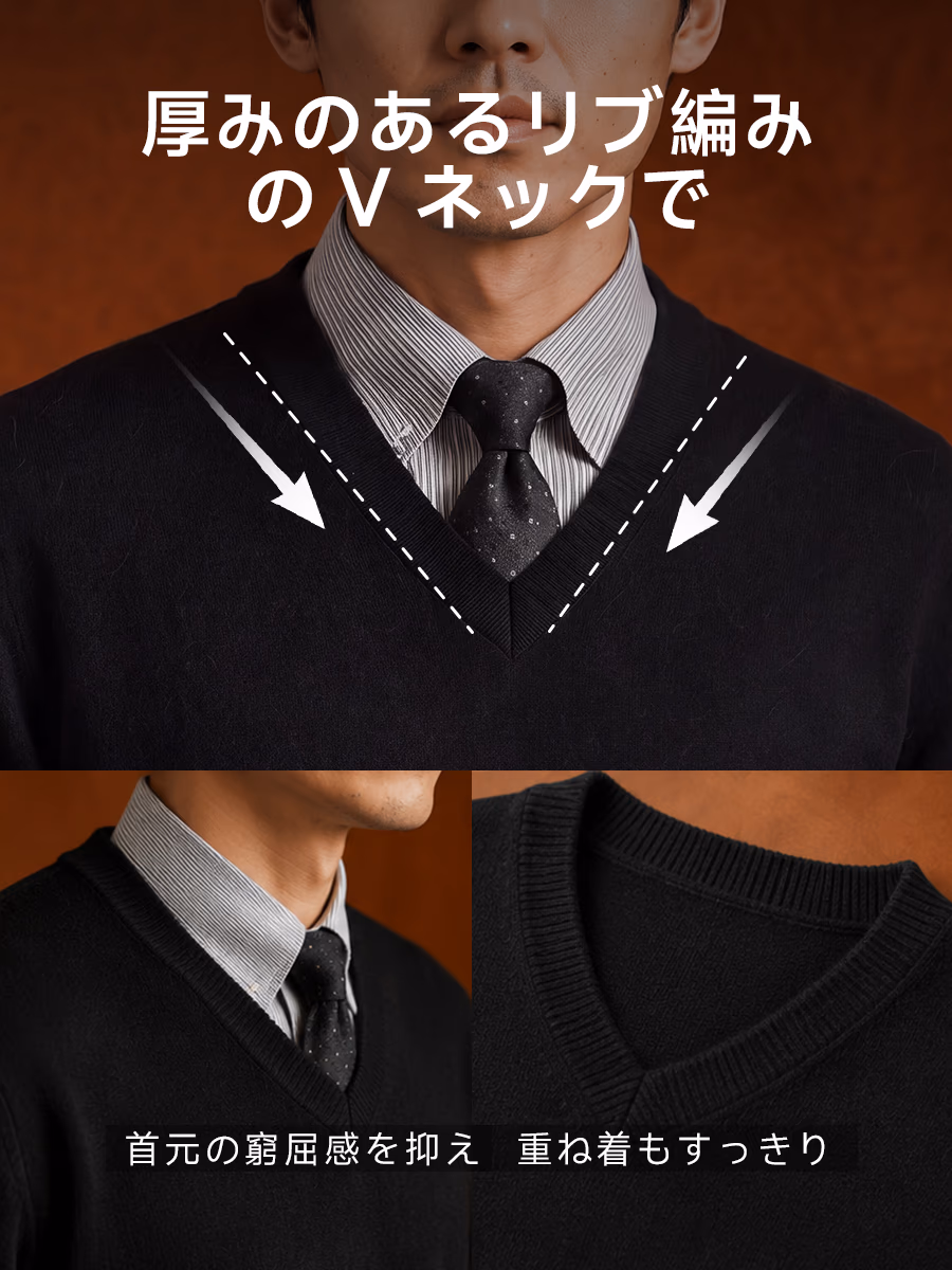 厚みのあるリブ編みのVネックで、首元の窮屈感を抑え、重ね着もすっきり。