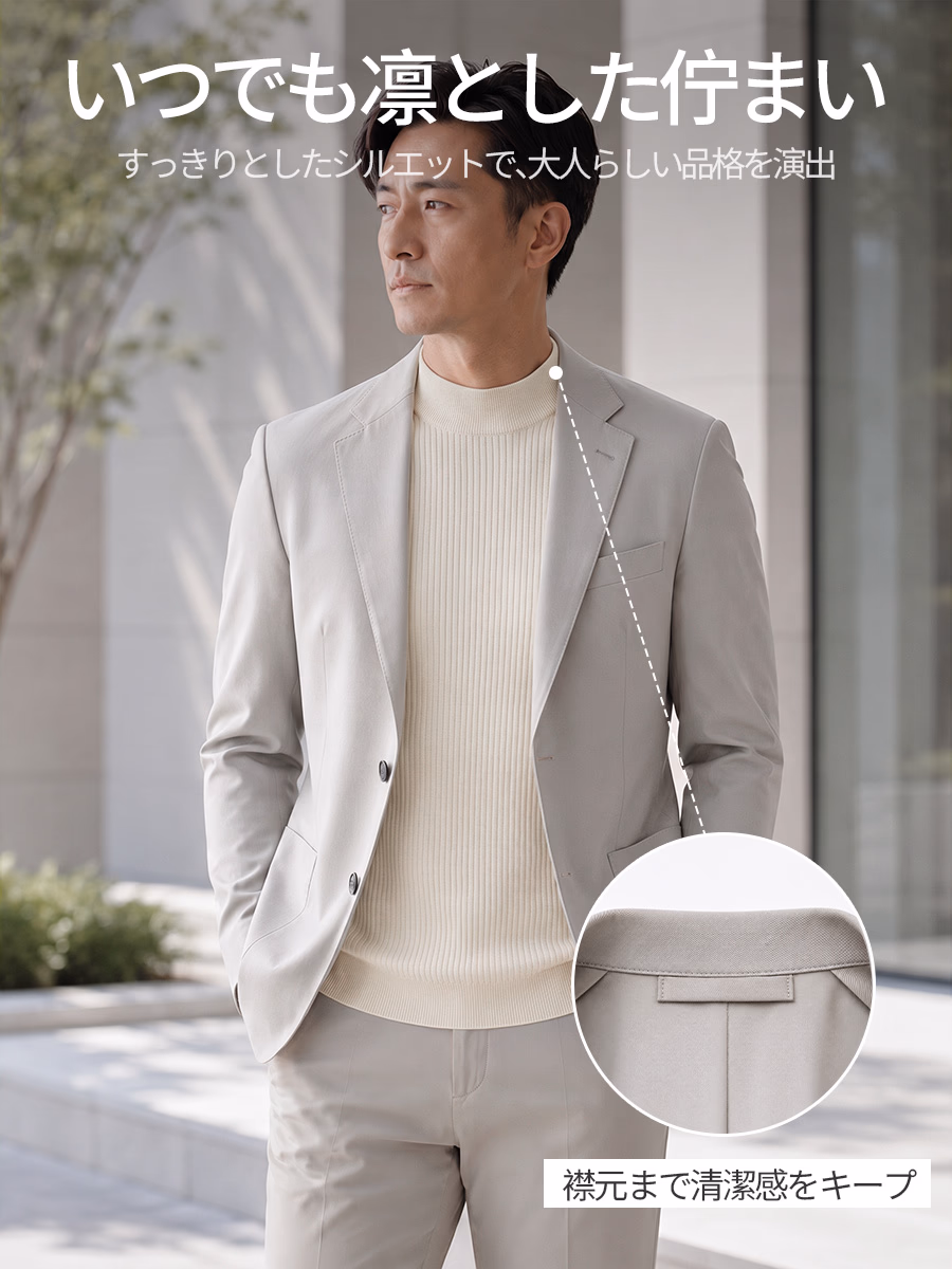 一体型編みで仕立てたモックネックと無駄を削ぎ落としたデザインが、シャツのような品のある佇まいを演出。