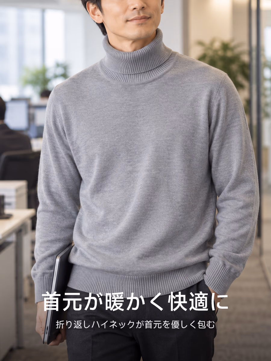 折り返しハイネックで首元を暖かく、すっきり見せながら締めつけ感なし。