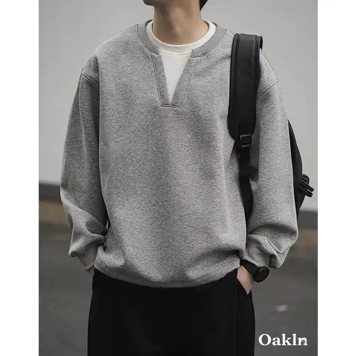 フェイクレイヤード スウェット メンズ Vネック キーネック 重ね着風 ゆったり 体型カバー シワになりにくい 春秋冬-Oakln