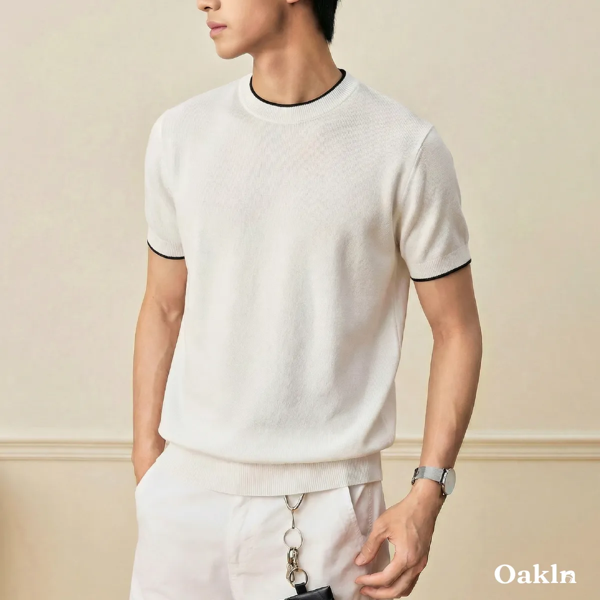 接触涼感 透けにくい メンズシルク混紡ニット-Oakln