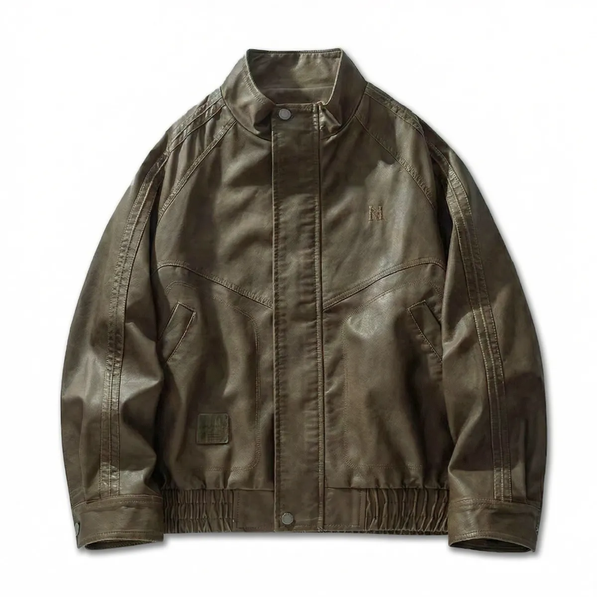 ヴィンテージ風 PUレザー スタンドカラー ジャケット ブルゾン｜ゴム裾 立ち襟 防風 -Oakln