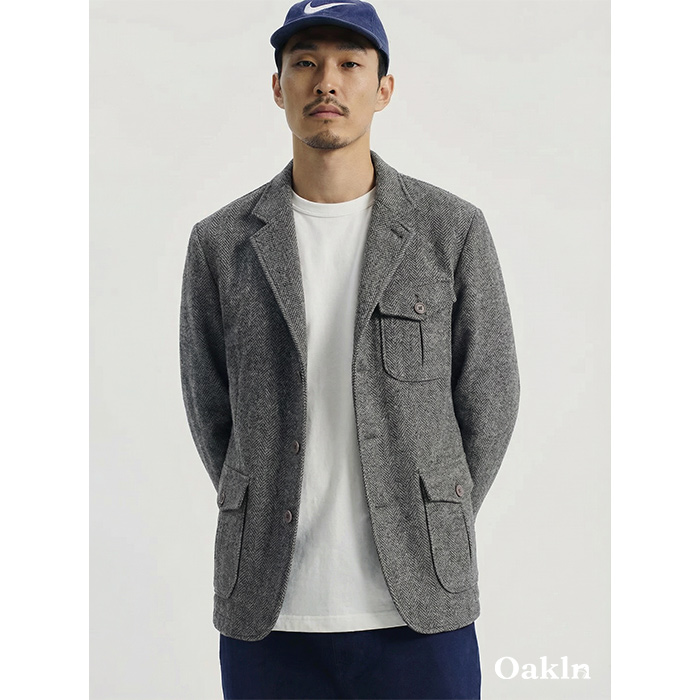 レトロヘリンボーン　リバーシブルウールテーラードジャケット