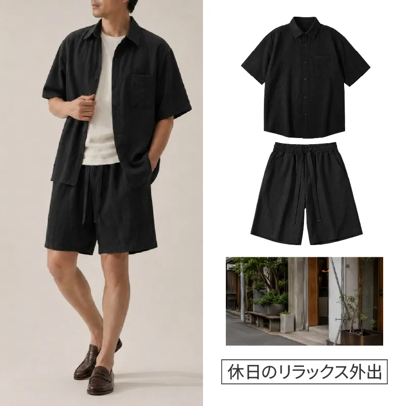リネン風の風合いでアイロンいらず 洗ってすぐ着られるセットアップ