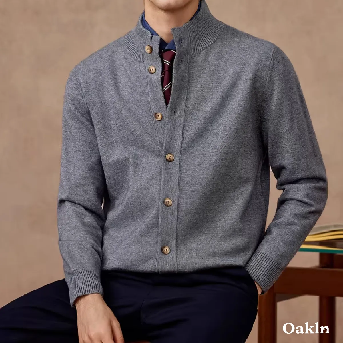 ハイネックニットカーディガン ウール混 伸縮性あり リブ袖 柔らかい-Oakln
