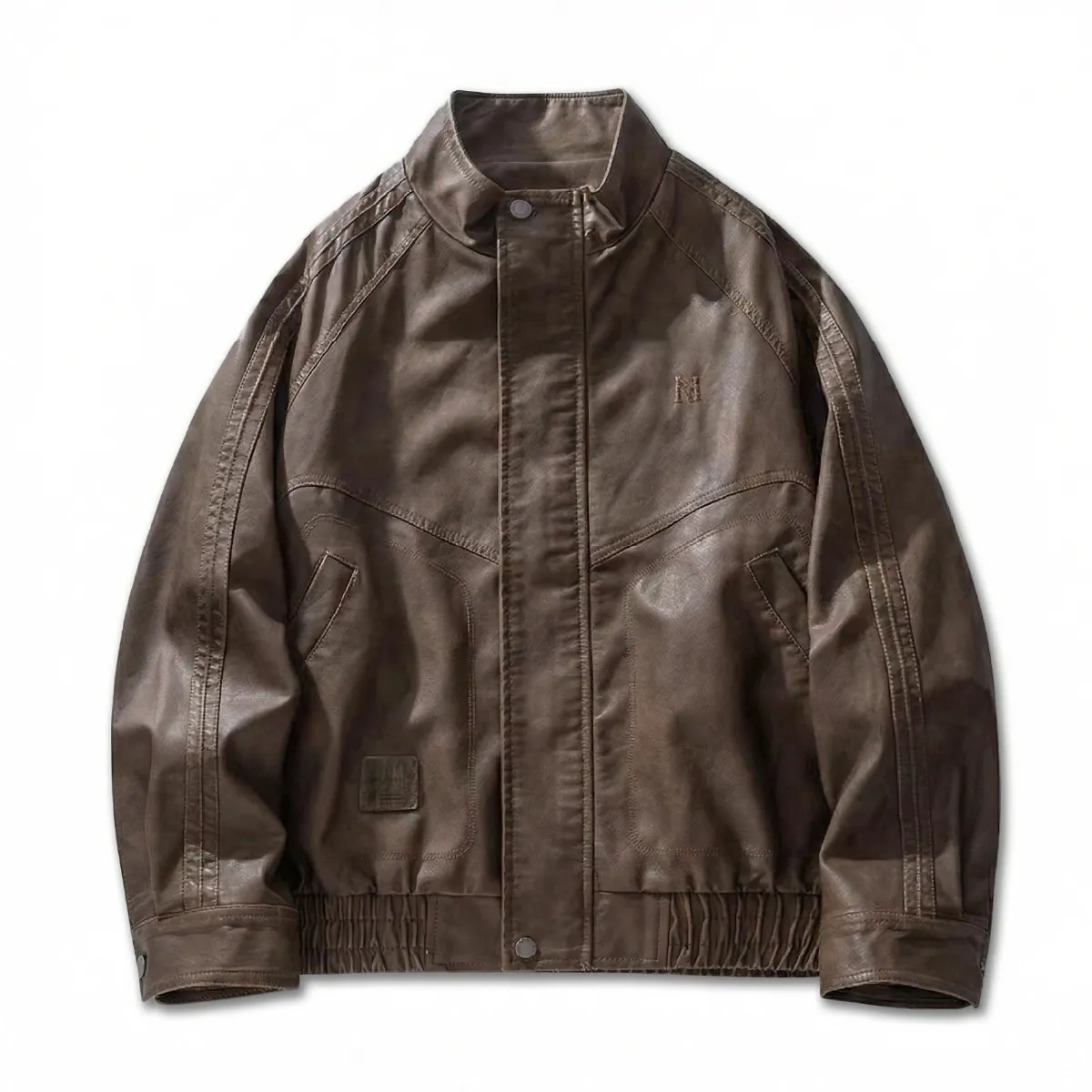 ヴィンテージ風 PUレザー スタンドカラー ジャケット ブルゾン｜ゴム裾 立ち襟 防風 -Oakln