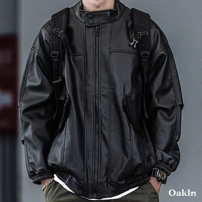 エコレザーシュリンク加工　クラシック中綿入りライダースジャケット-oakln