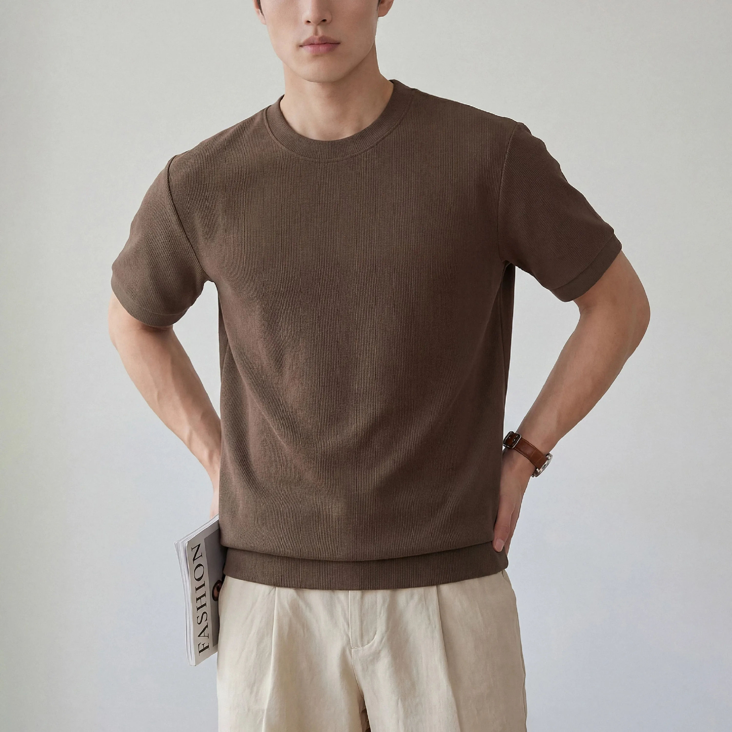 リヨセル半袖Tシャツ メンズ 初秋ジャケットインナー クルーネックニット リブ裾 帯電しにくい きれいな落ち感 通気性