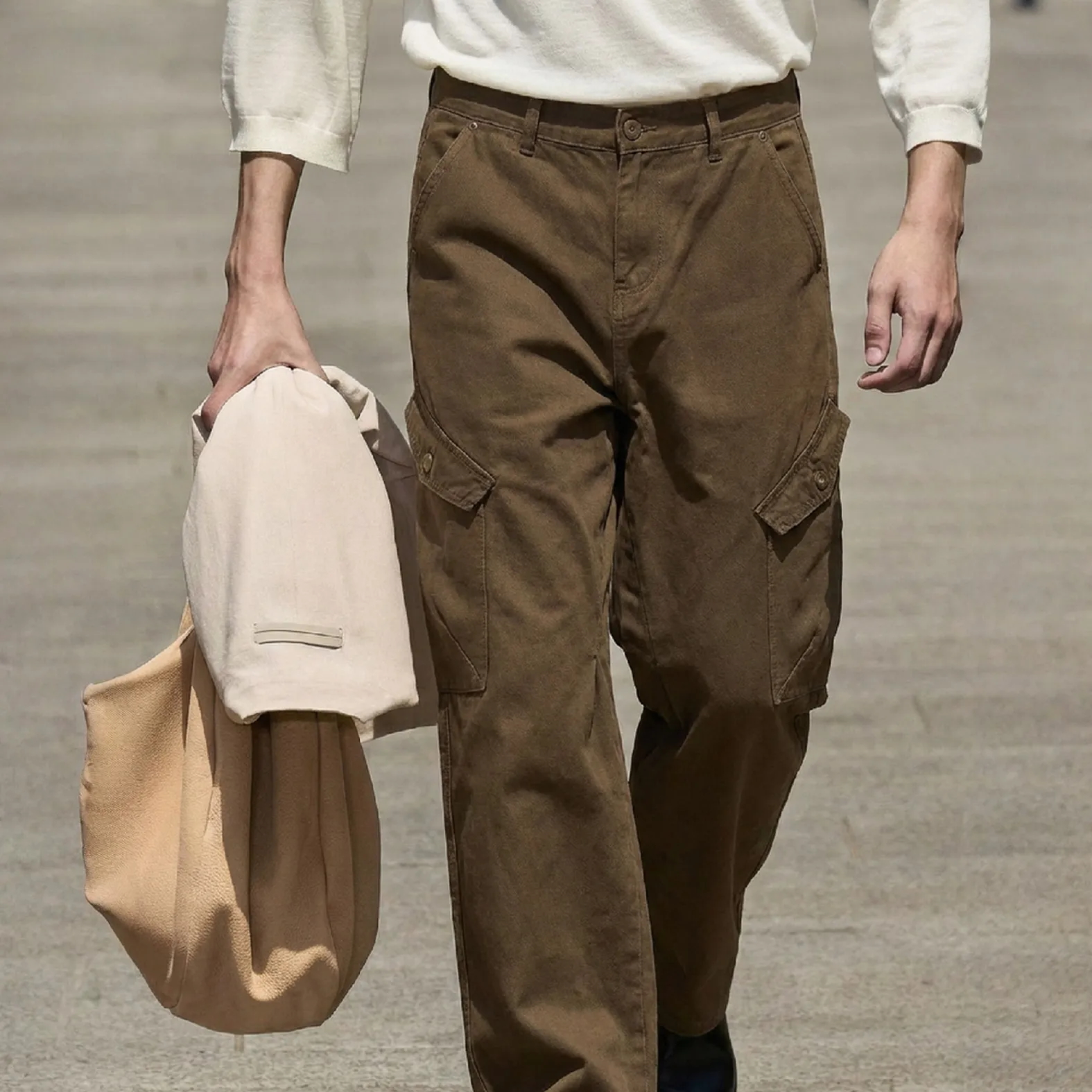 カーゴパンツ メンズ コットン100% ワイド ストレート ワークパンツ ゆったり 体型カバー 厚手 オールシーズン対応-Oakln