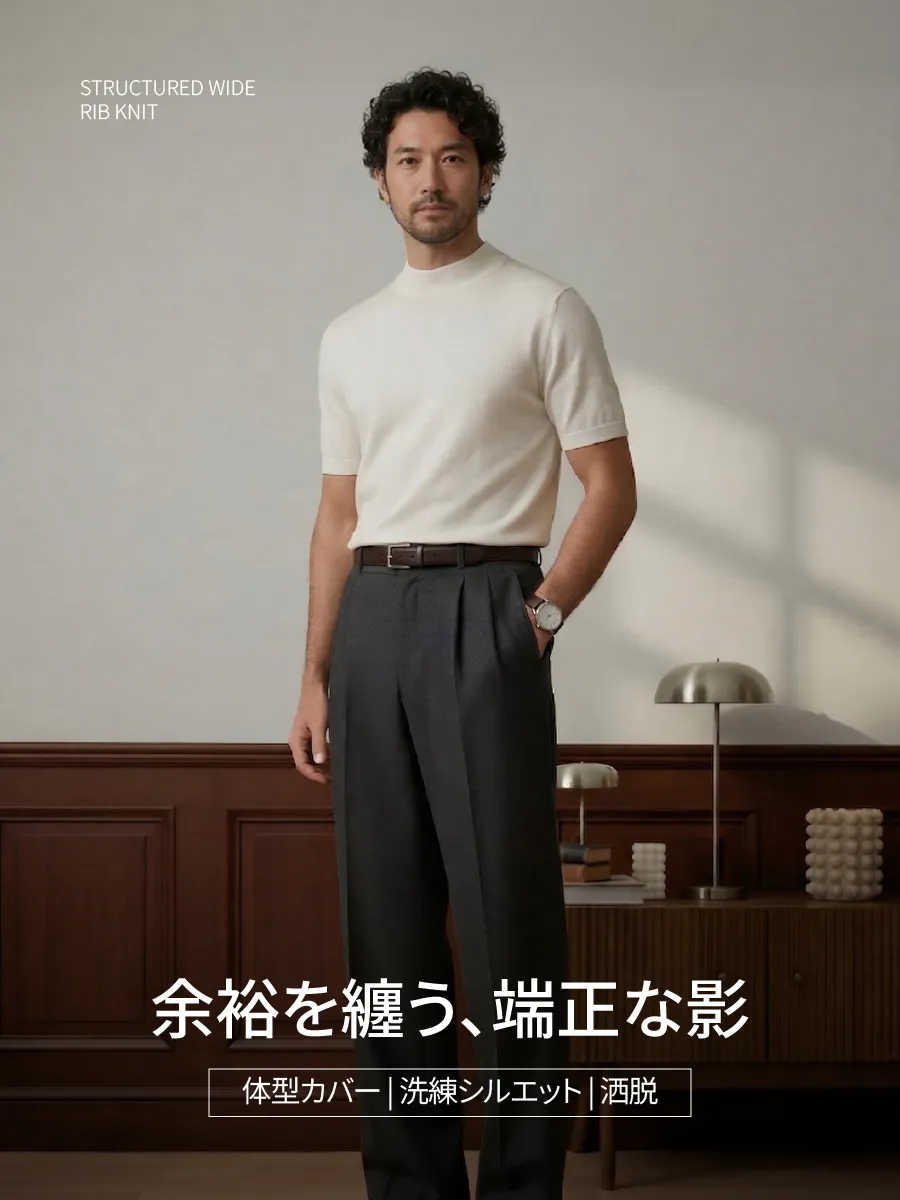 【すっきりシルエット】幅広リブ仕様で体のラインを自然に整え、体に張り付きにくい。