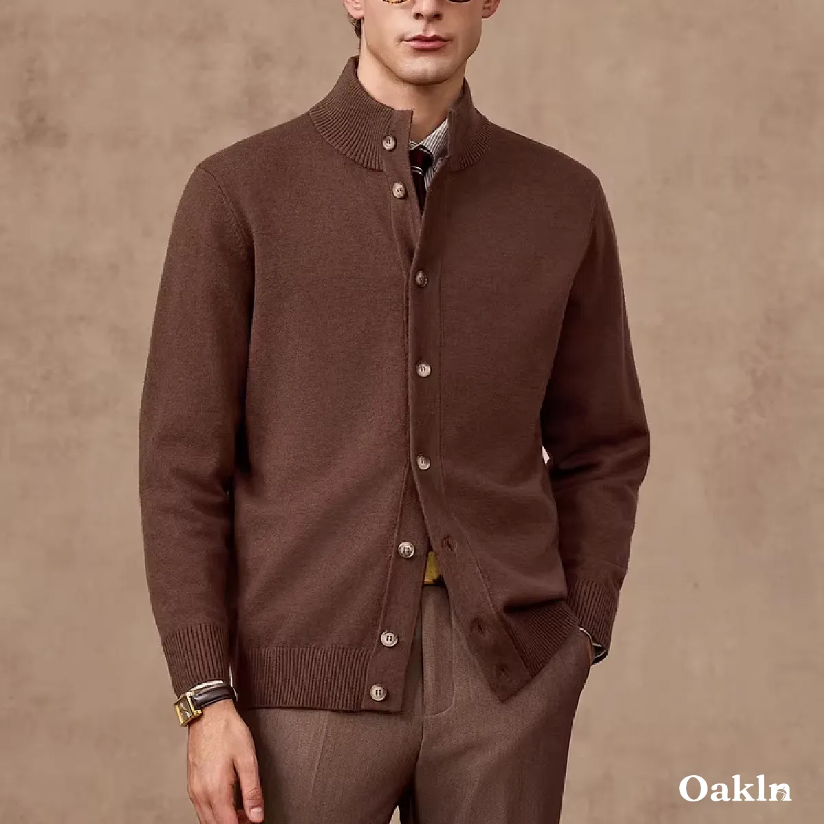 ハイネックニットカーディガン ウール混 伸縮性あり リブ袖 柔らかい-Oakln