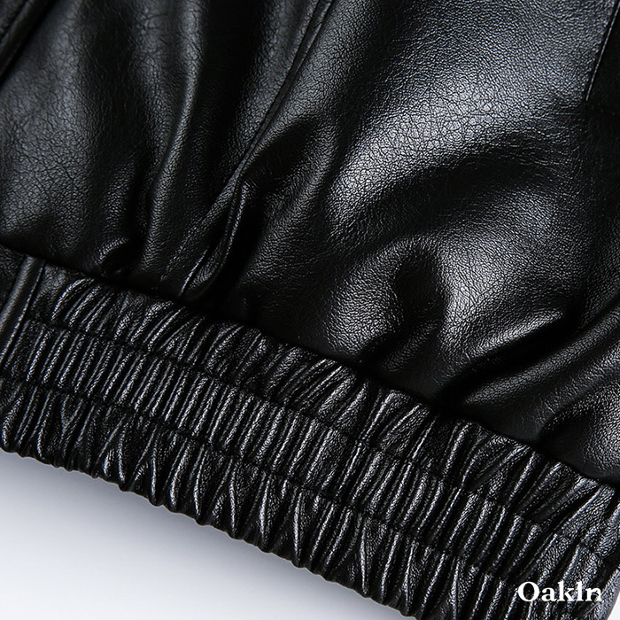 ボア折り襟　クラシックアームポケット付き中綿レザージャケット-oakln