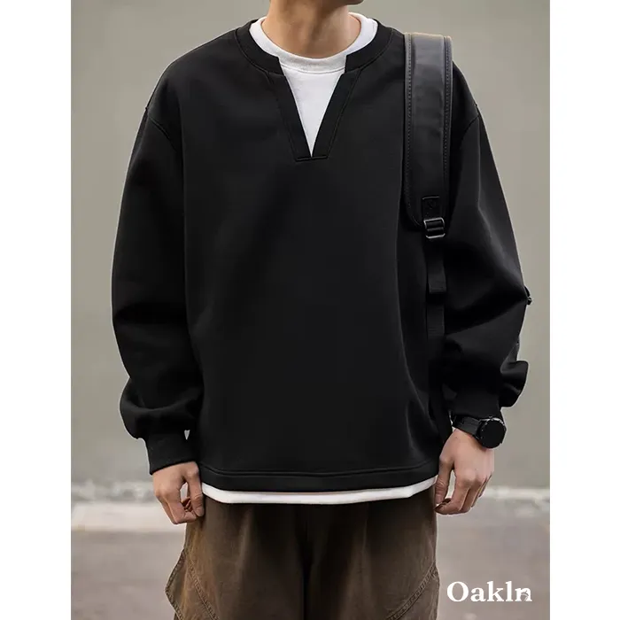 フェイクレイヤード スウェット メンズ Vネック キーネック 重ね着風 ゆったり 体型カバー シワになりにくい 春秋冬-Oakln