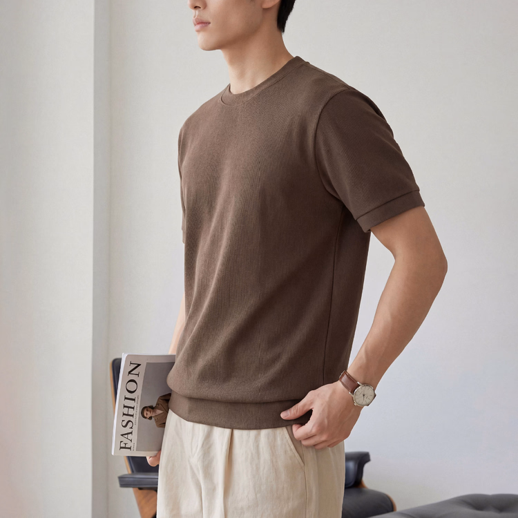 リヨセル半袖Tシャツ メンズ 初秋ジャケットインナー クルーネックニット リブ裾 帯電しにくい きれいな落ち感 通気性