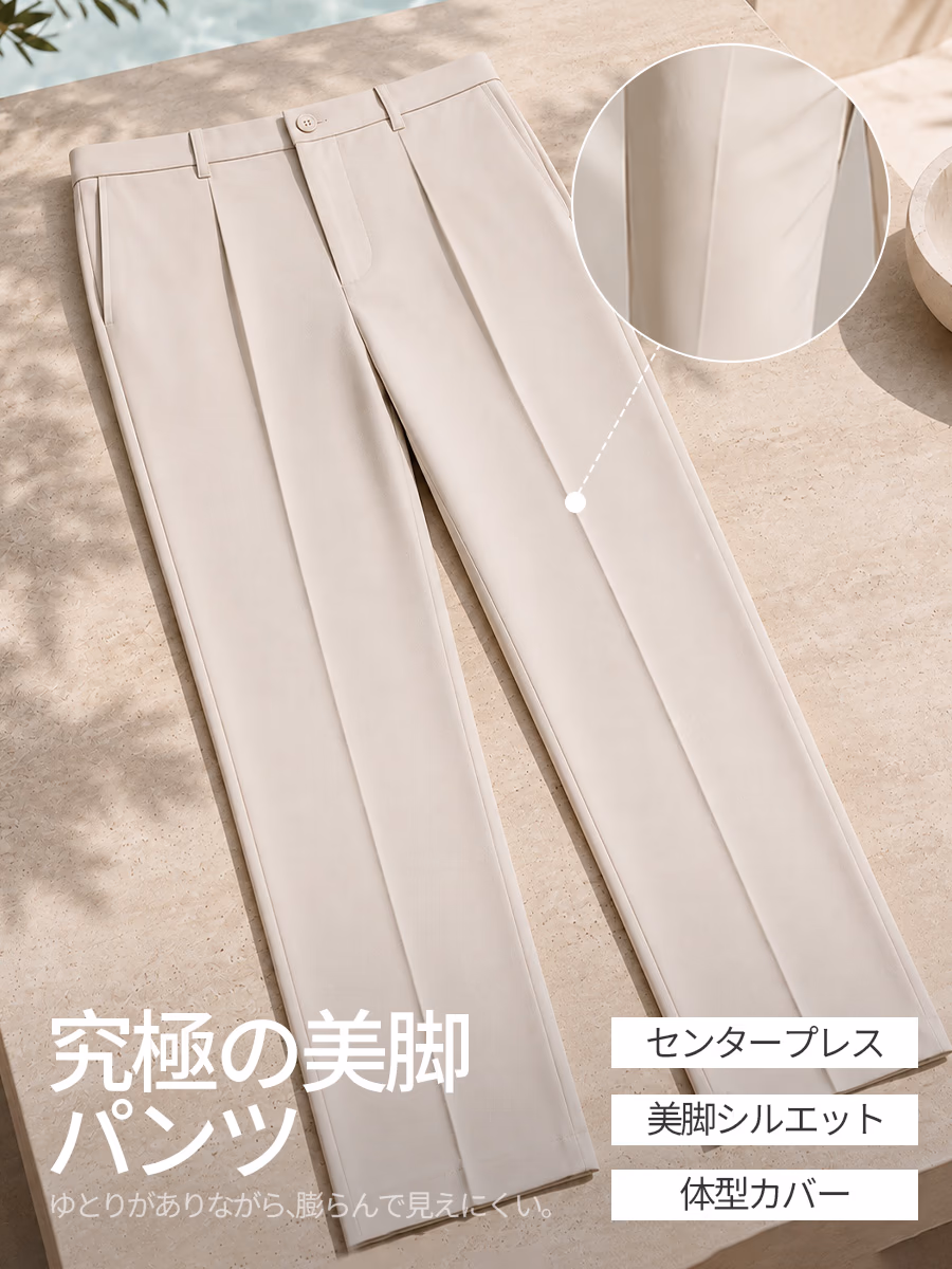 ワンタックとセンタープレスで、脚のラインをすっきり見せる。