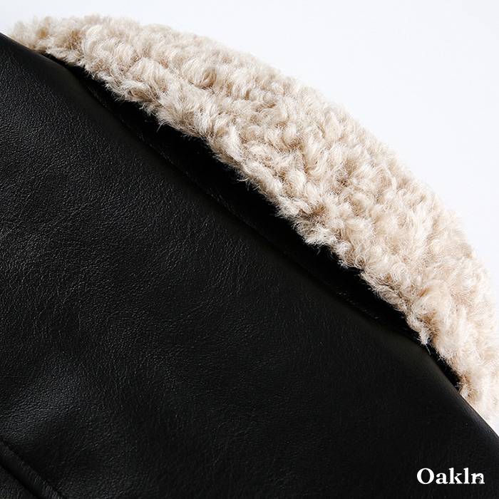 ボア折り襟　クラシックアームポケット付き中綿レザージャケット-oakln