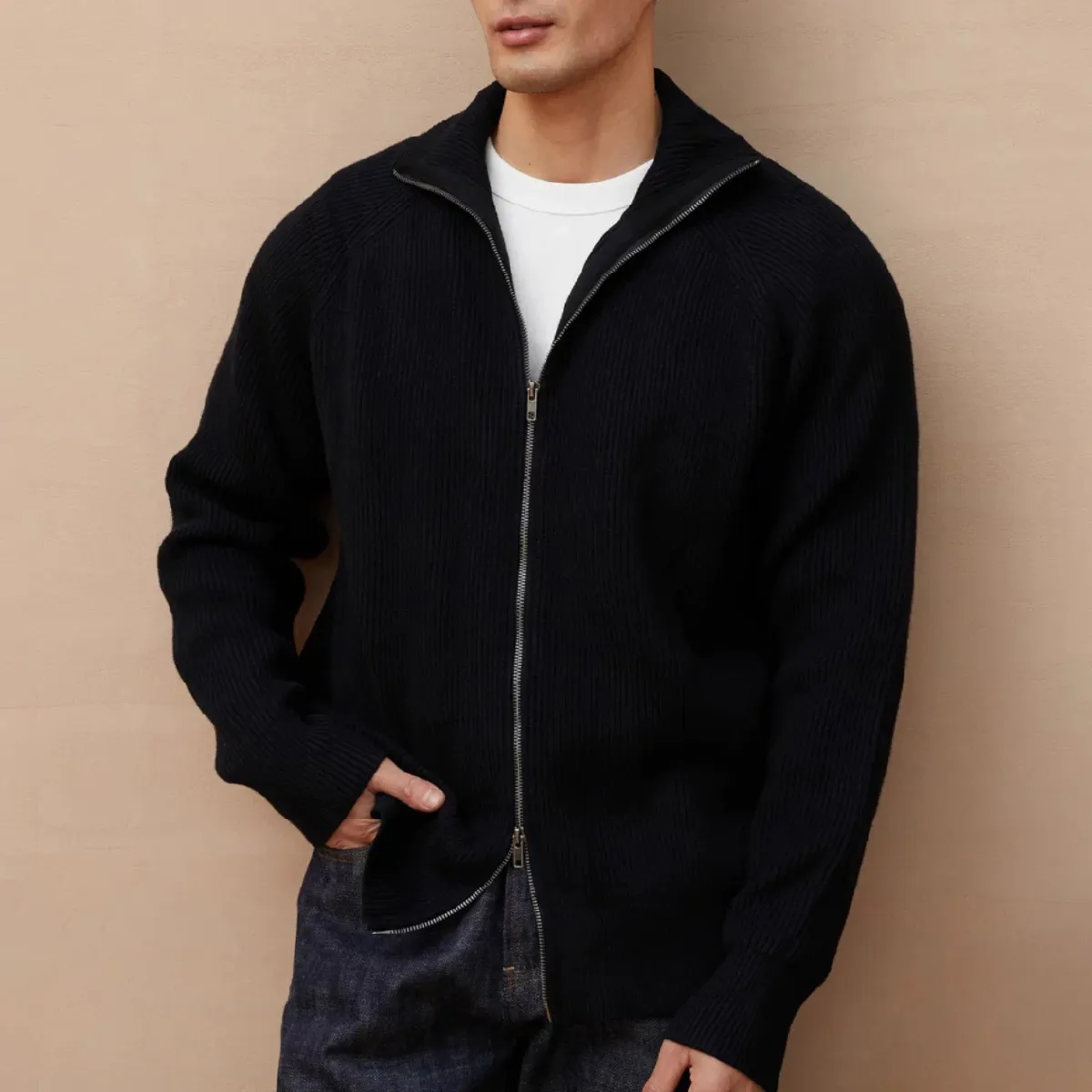 ドライバーズニット ダブルジップ ウール混 畦編み スタンドカラー