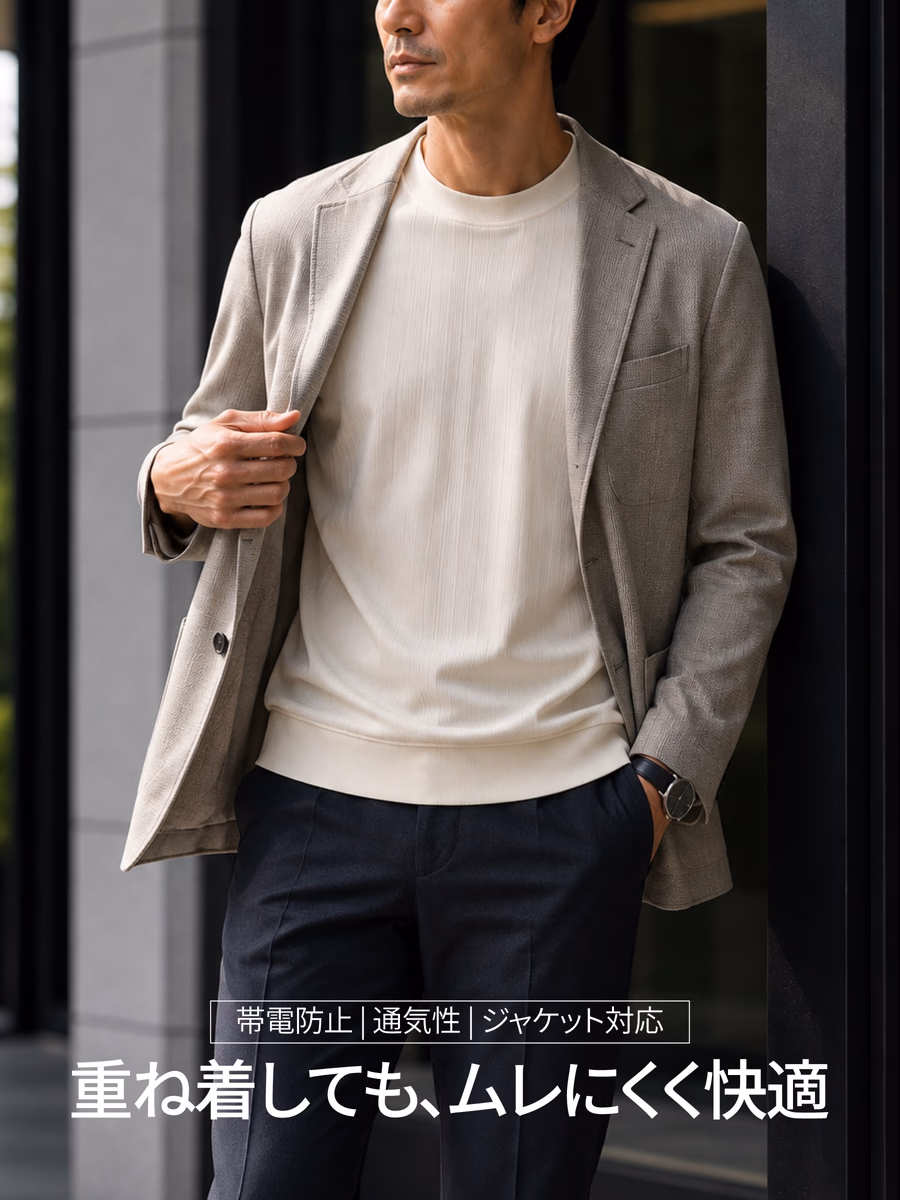 初秋のジャケットインナーにも快適。帯電しにくく、細かな編み地で重ね着しても蒸れにくい。