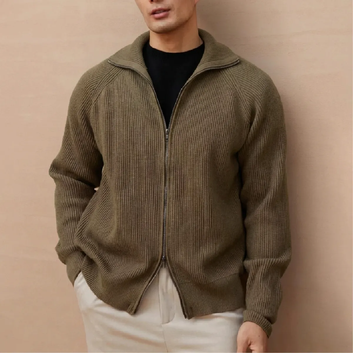 ドライバーズニット ダブルジップ ウール混 畦編み スタンドカラー