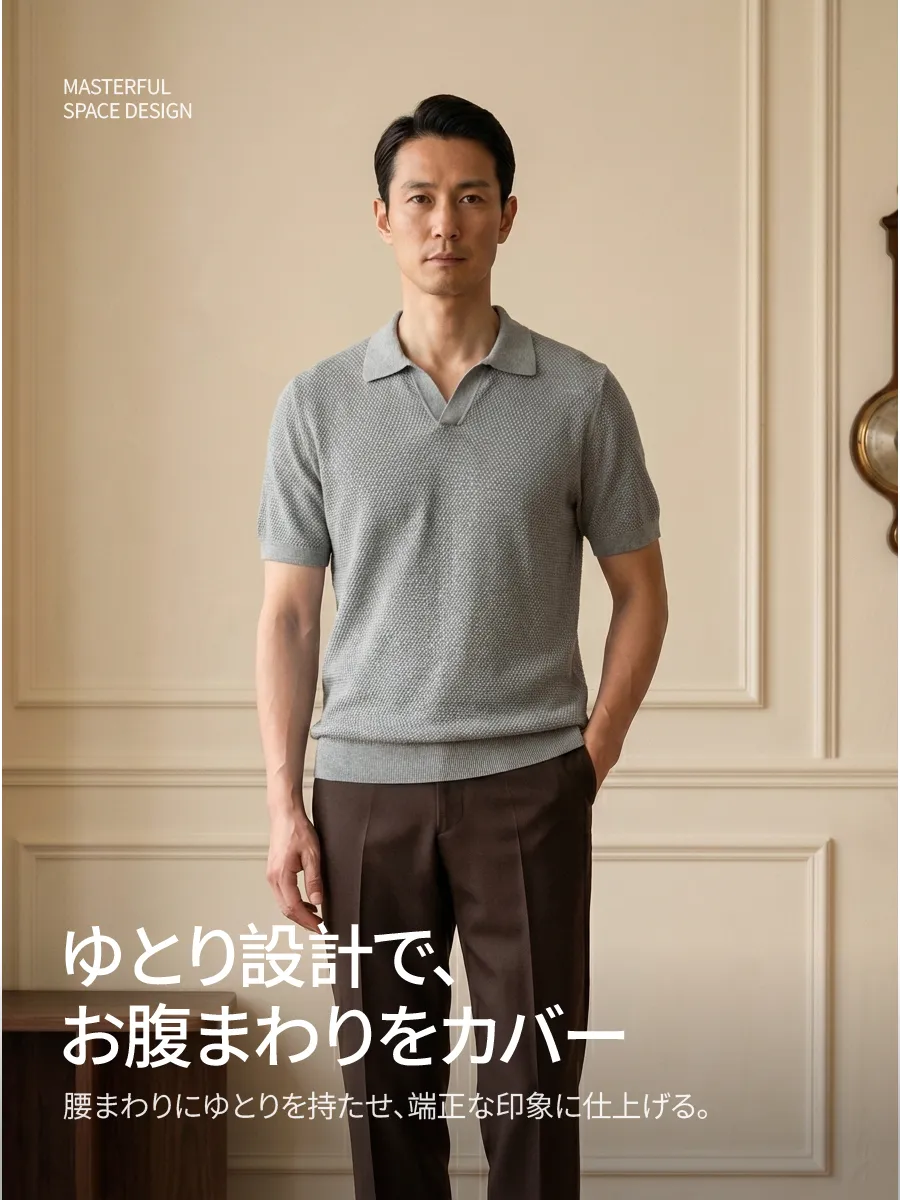 【ゆとりのあるお腹まわり】ぽっこりお腹をさりげなくカバーして、すっきりとしたバランスに仕上げる。