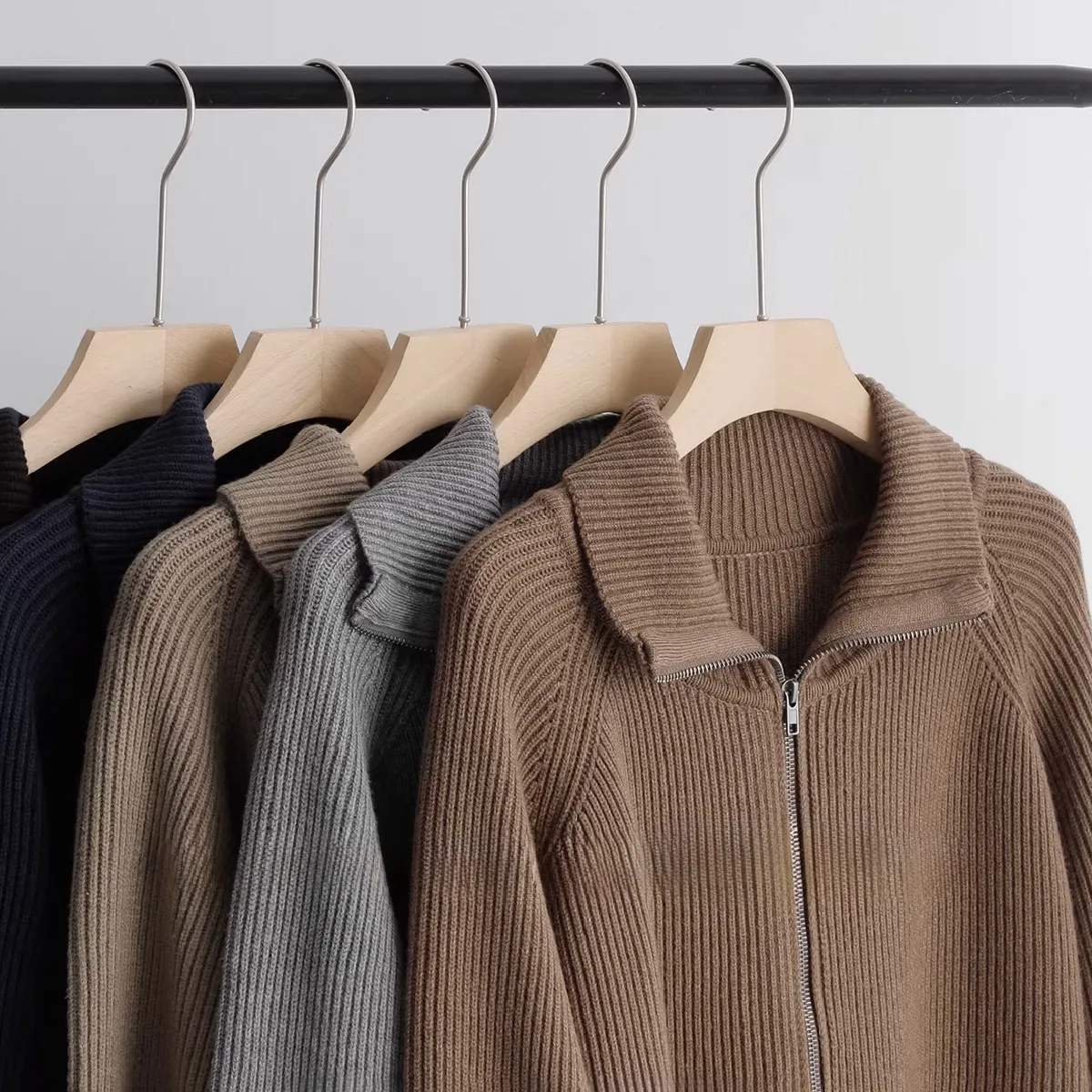 ドライバーズニット ダブルジップ ウール混 畦編み スタンドカラー