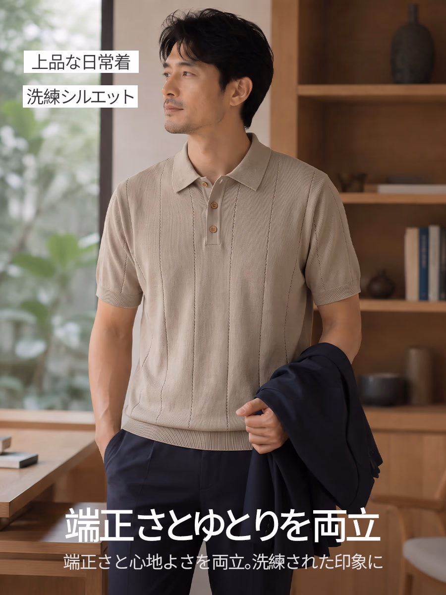 クラシックな3つボタン襟で、きちんと感とほどよい抜け感を両立。