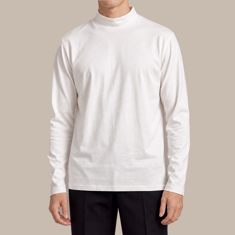 コーマコットン 超長綿 モックネック長袖Tシャツ  ほのかな上品な光沢  静電気を抑えてお手入れも簡単  秋冬の一枚着・重ね着・インナーに活躍