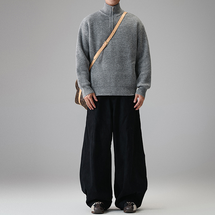 ミニマルクラシック　無地ハーフジップスタンドカラーセーター-oakln