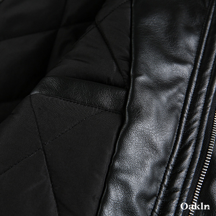 ボア折り襟　クラシックアームポケット付き中綿レザージャケット-oakln