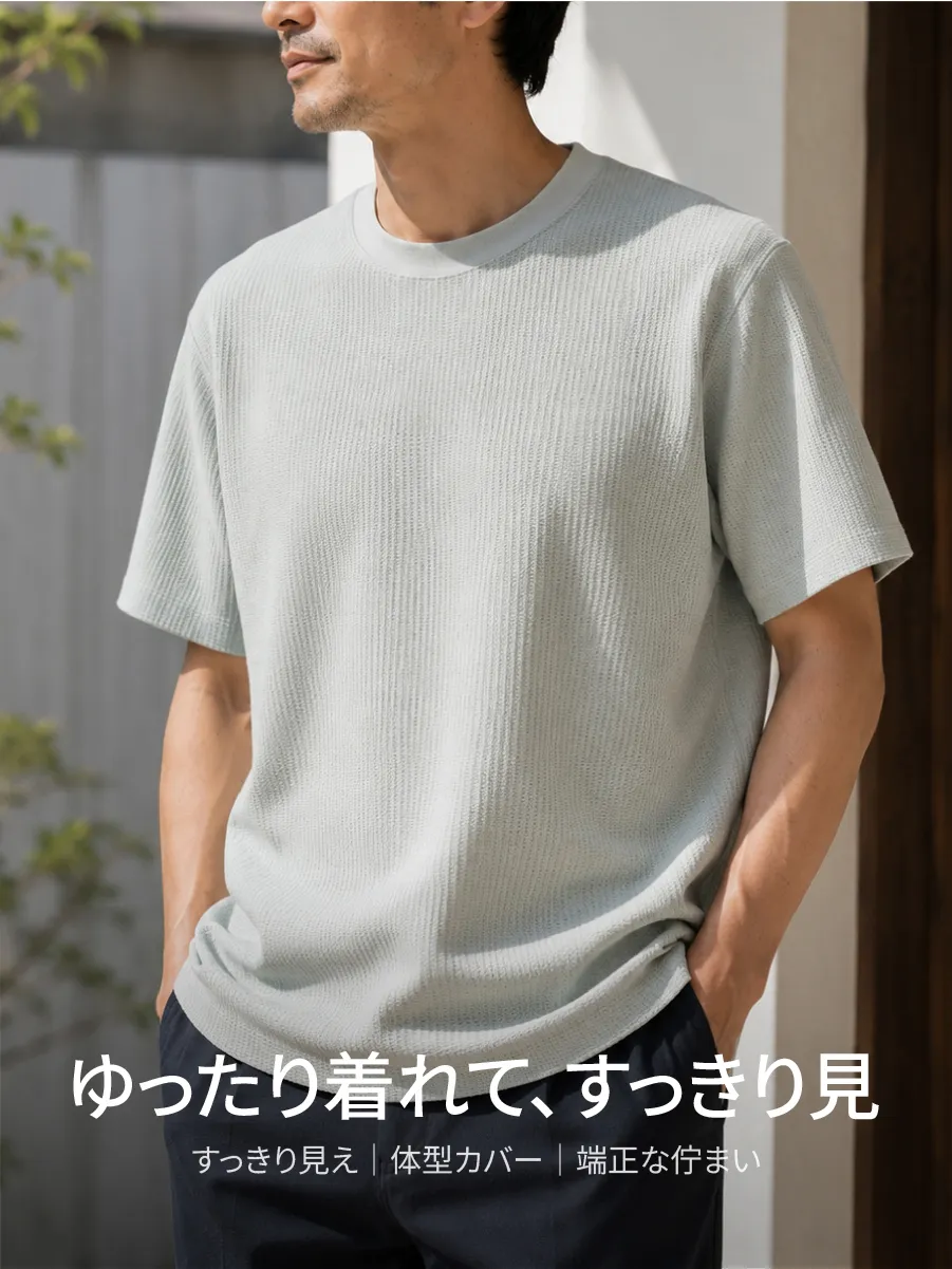 ほどよくゆとりのあるシルエットで、腹まわりを自然にカバーする。