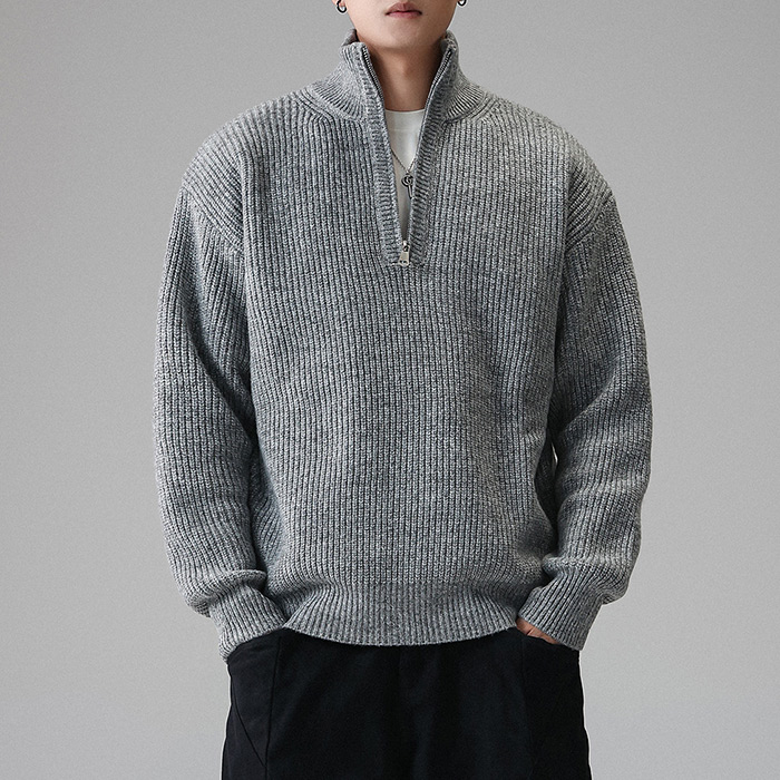 ミニマルクラシック　無地ハーフジップスタンドカラーセーター-oakln