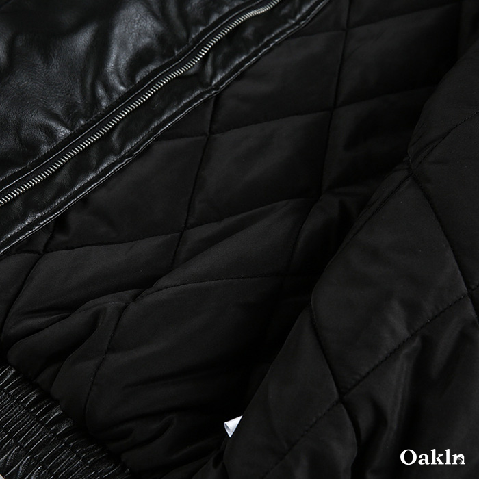 ボア折り襟　クラシックアームポケット付き中綿レザージャケット-oakln