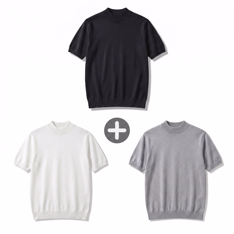 通気性のよいインナー　接触冷感 モックネック半袖ニットTシャツ