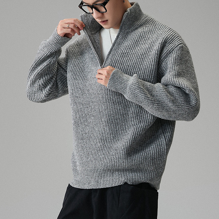 ミニマルクラシック　無地ハーフジップスタンドカラーセーター-oakln