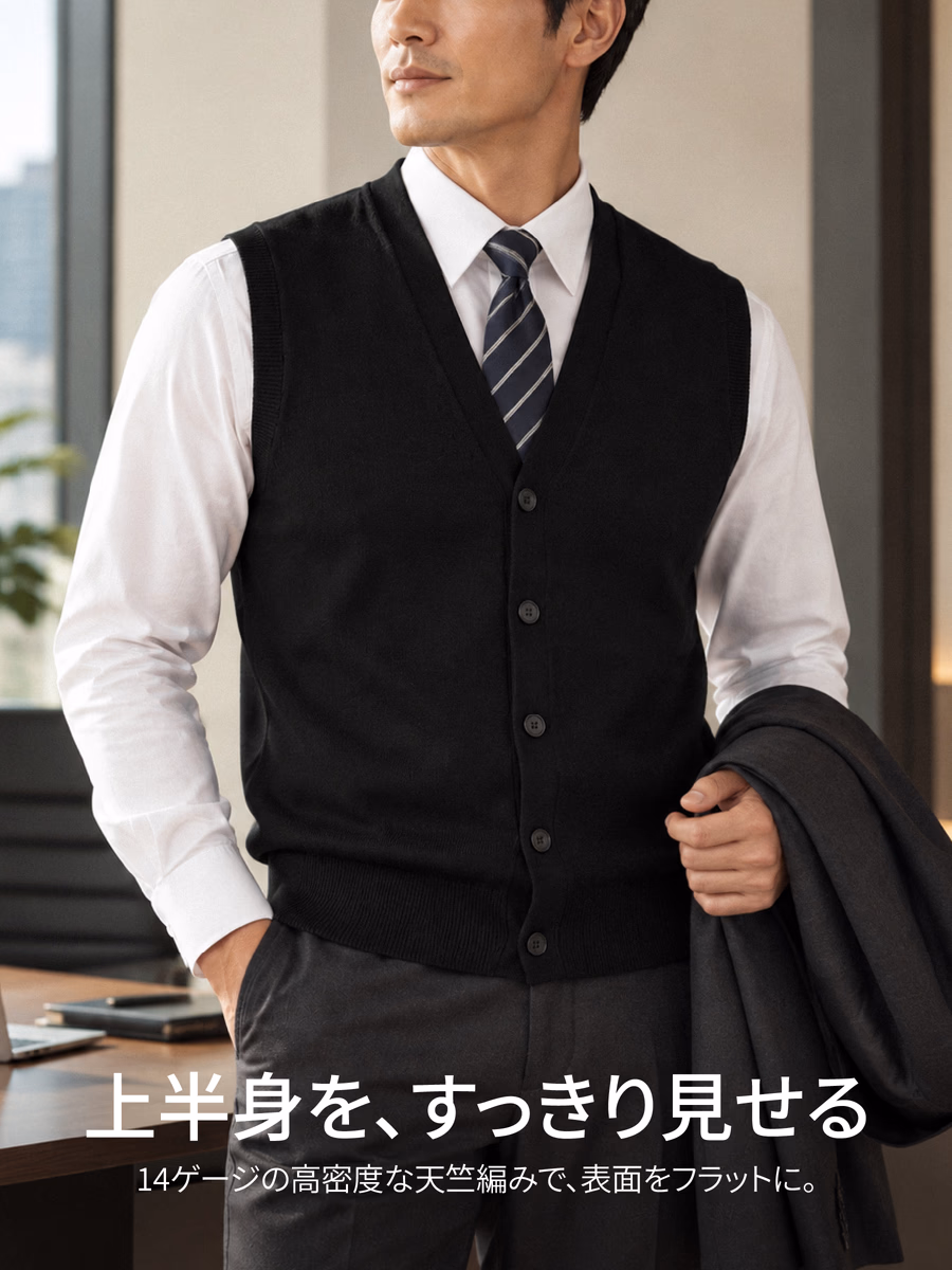 14ゲージの高密度編みで、胸元からお腹まですっきり整える。