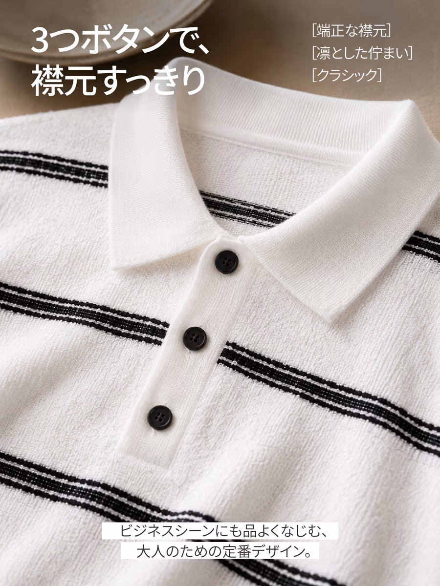 クラシックな3つボタンの前立てで、落ち着いた印象に。