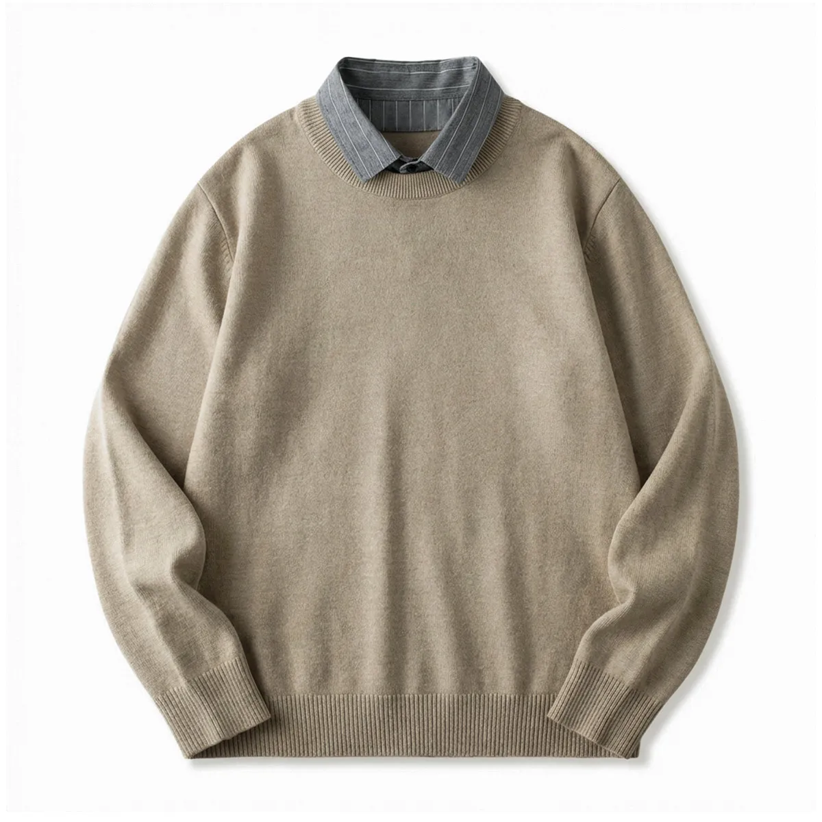 重ね着不要 フェイクレイヤード クルーネック ニット ボーダー襟