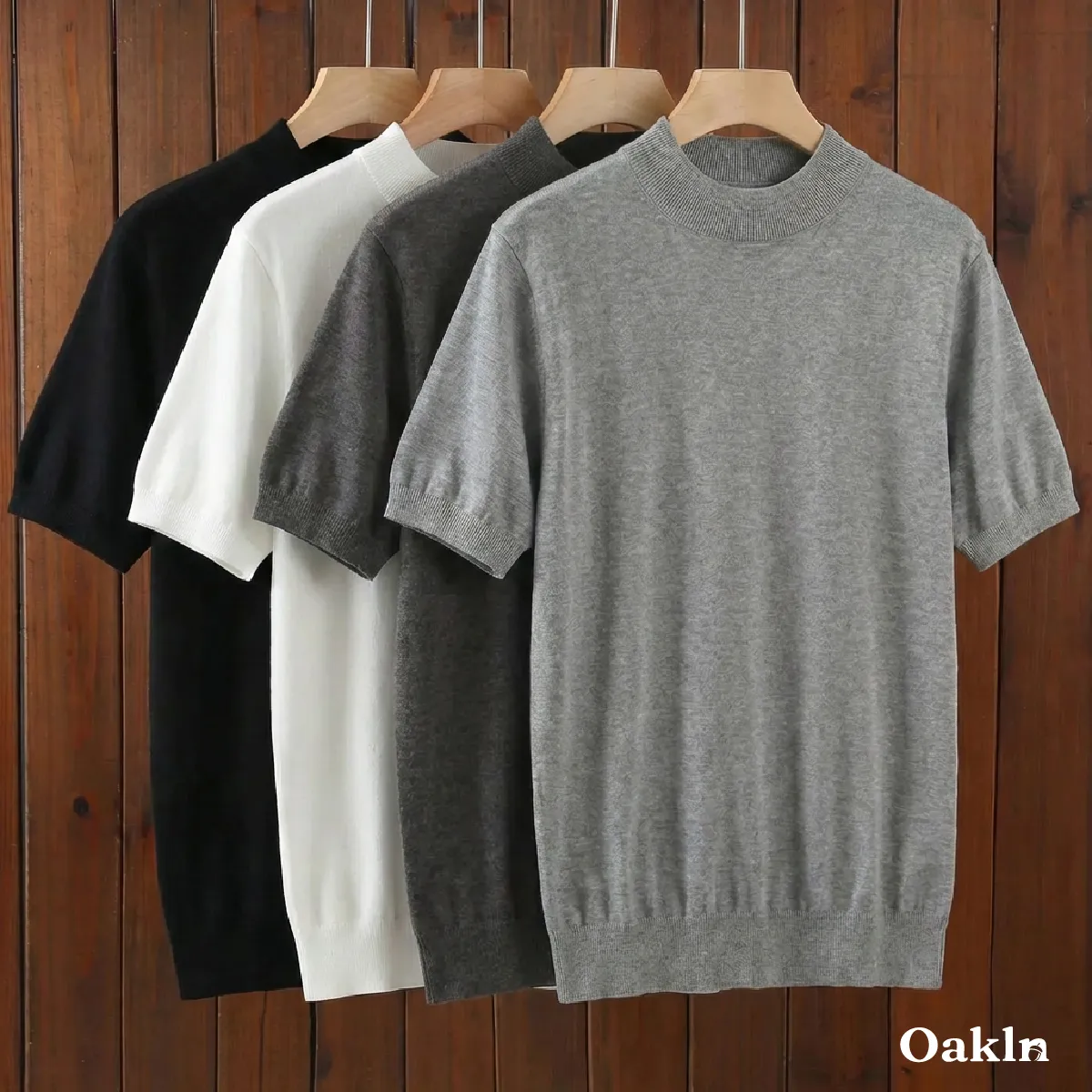 立体裁断   ビジネスカジュアル  ウール混モックネック半袖ニット