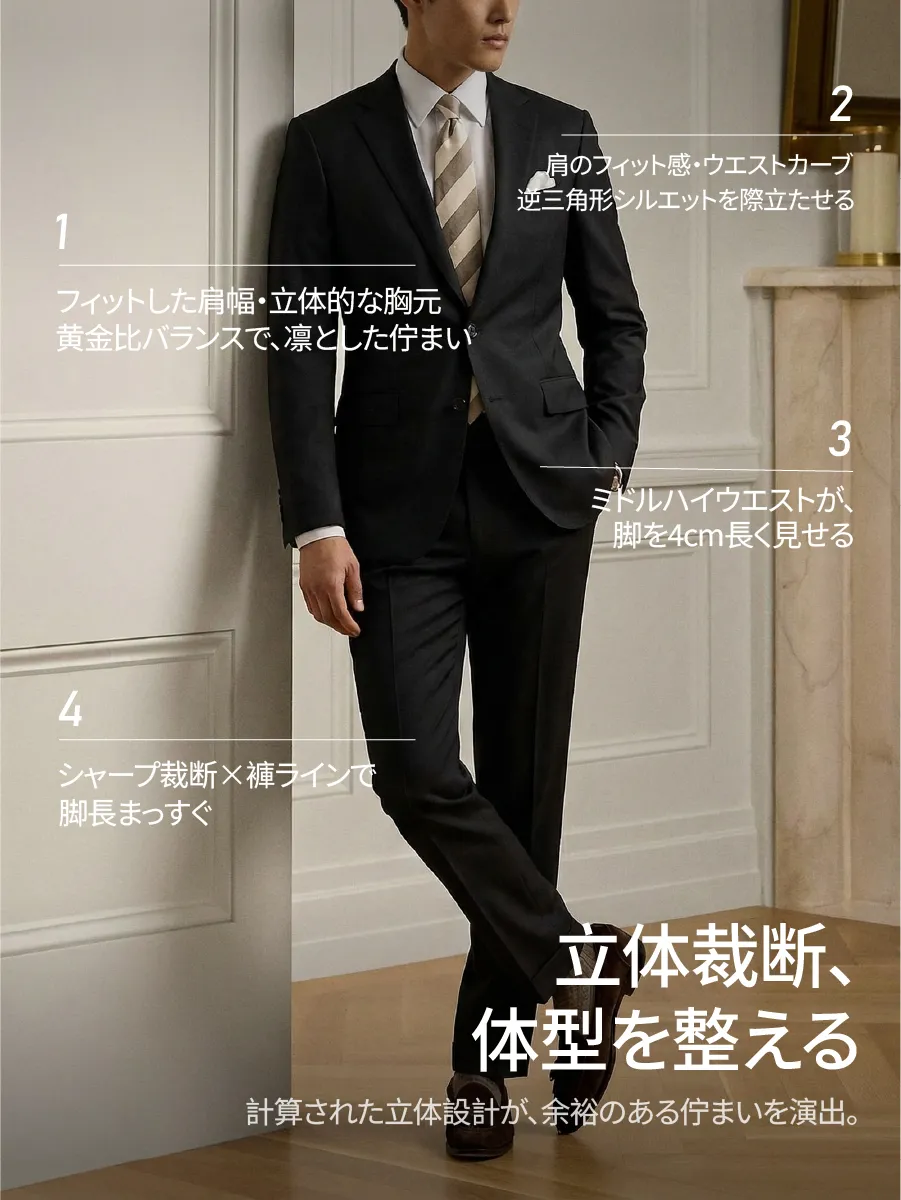 【立体感のある3点セット】洗練されたカッティングで、落ち着きのある紳士的な佇まいへ。