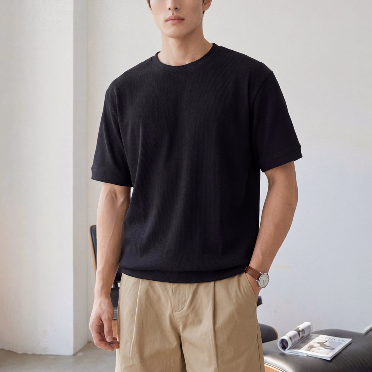 リヨセル半袖Tシャツ メンズ 初秋ジャケットインナー クルーネックニット リブ裾 帯電しにくい きれいな落ち感 通気性
