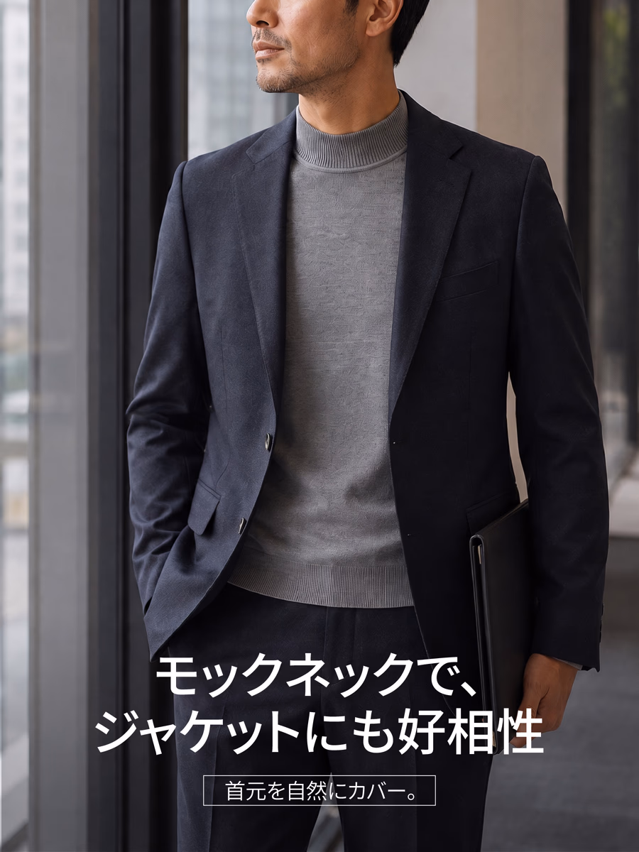 リブ仕様のモックネックがアウターの襟元にすっきり収まり、首元のラインもきれいに見せる。