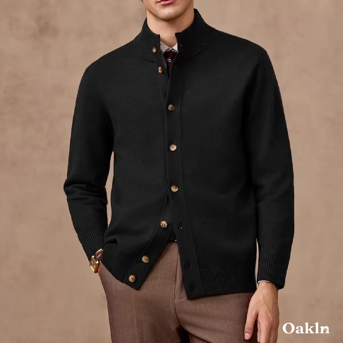 ハイネックニットカーディガン ウール混 伸縮性あり リブ袖 柔らかい-Oakln