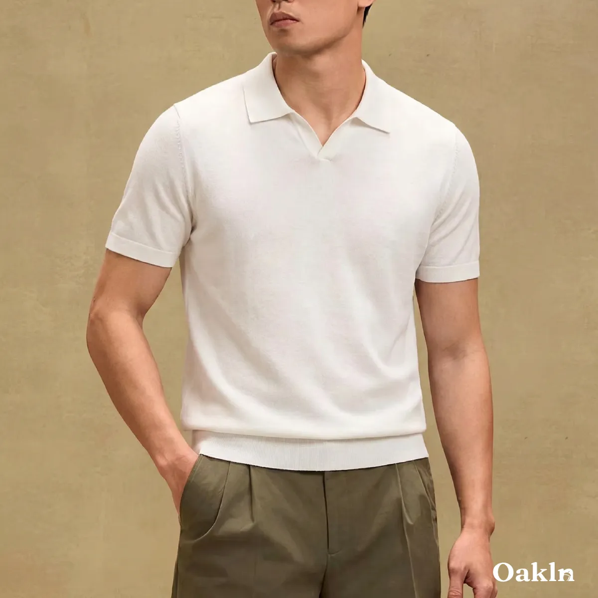 裾リブニットポロシャツ ハリのある襟元 すっきり見えシルエット
